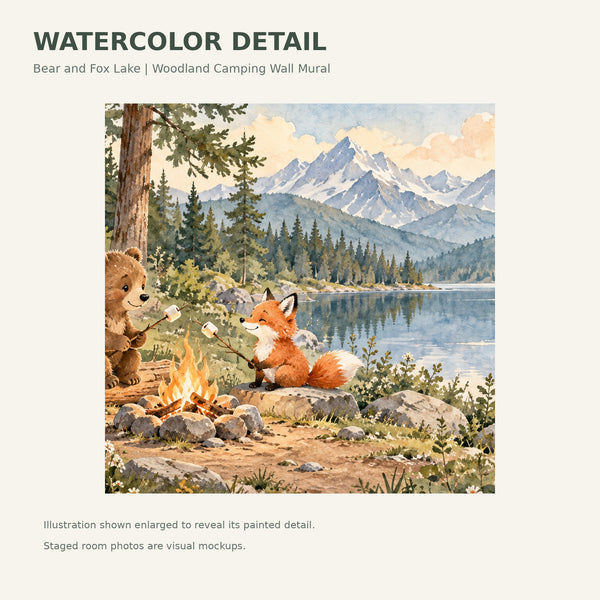 Watercolor Bear and Fox Campfire Camping Wall Mural, image 4
