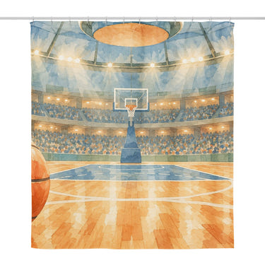 Indoor Arena Basketball shower curtain, full front view of the 71 x 74 in fabric curtain