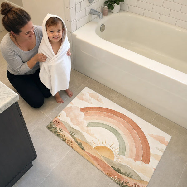 Toddler in a hooded towel stepping onto the Rainbow Sunrise Hills bath mat