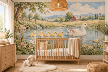 Watercolor Ducklings Pond Farm Wall Mural, image 1