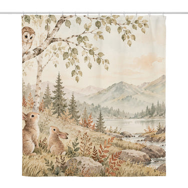 Owl and Bunnies shower curtain, full front view of the 71 x 74 in fabric curtain