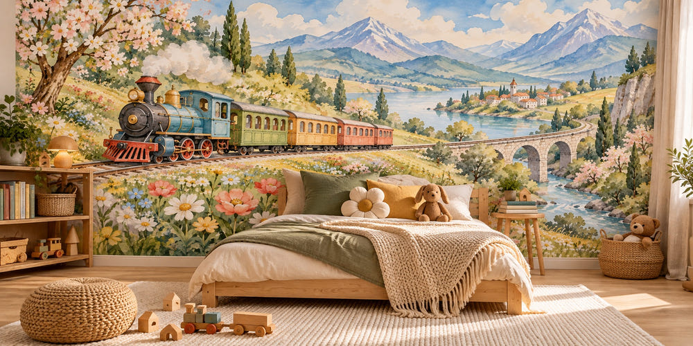 Watercolor Flower Meadow Train Wall Mural, image 1