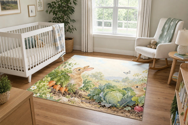 Vegetable Garden Bunny area rug in a calm nursery with a white crib