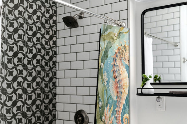 Seahorse Pair Ocean shower curtain in a modern farmhouse bathroom with subway tile