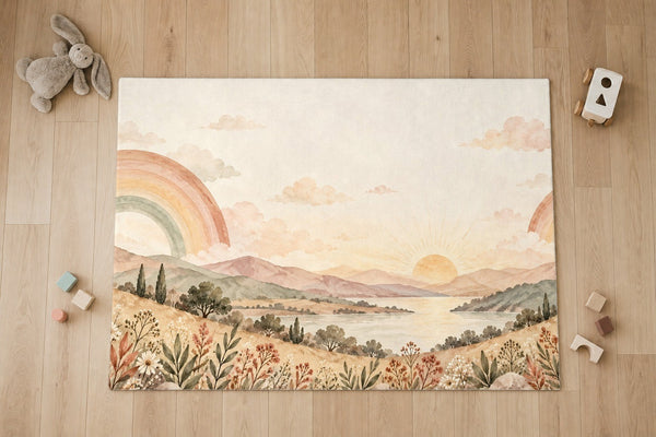 Top view of the Twin Rainbow Valley kids area rug on a wood floor