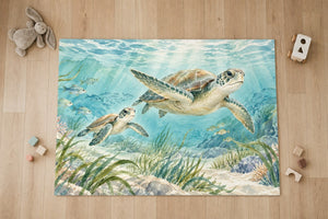 Top view of the Sea Turtles Ocean kids area rug on a wood floor