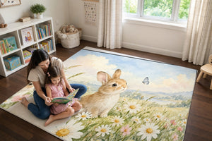 Mom and daughter reading a book on the Daisy Meadow Bunny play rug