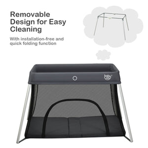 Lightweight foldable baby playpen with carry bag, perfect for safe play and sleep on-the-go. Angle 11 view.
