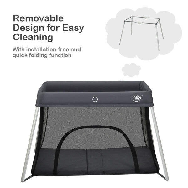 Lightweight foldable baby playpen with carry bag, perfect for safe play and sleep on-the-go. Angle 11 view.