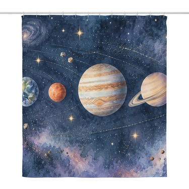 Solar System shower curtain, full front view of the 71 x 74 in fabric curtain
