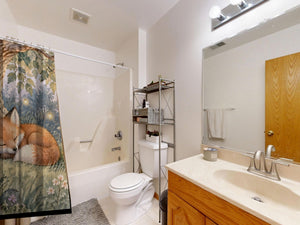 Sleepy Fox shower curtain on a tub shower combo in an American family bathroom