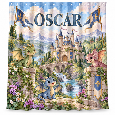 Personalized baby dragon and castle kids shower curtain with the name Oscar