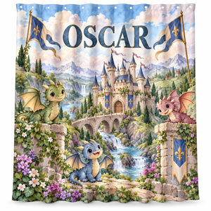 Personalized baby dragon and castle kids shower curtain with the name Oscar