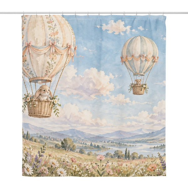 Meadow Hot Air Balloons shower curtain, full front view of the 71 x 74 in fabric curtain