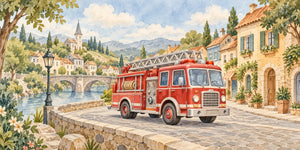 Watercolor Fire Truck Town Wall Mural, image 3