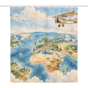 World Explorer shower curtain, full front view of the 71 x 74 in fabric curtain