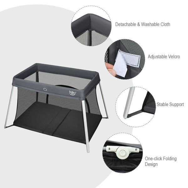 Lightweight foldable baby playpen with carry bag, perfect for safe play and sleep on the go.