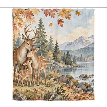 Deer Teepee Camping shower curtain, full front view of the 71 x 74 in fabric curtain