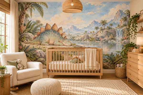 Watercolor Sleepy Stegosaurus Dinosaur Wall Mural, image 1