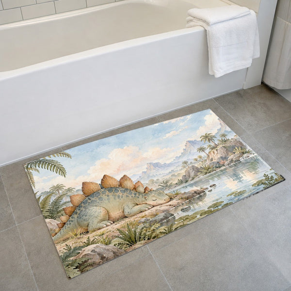 Sleepy Stegosaurus Dinosaur bath mat on the floor in front of the tub
