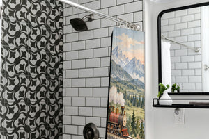 Panoramic Train Journey shower curtain in a modern farmhouse bathroom with subway tile