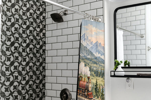 Panoramic Train Journey shower curtain in a modern farmhouse bathroom with subway tile