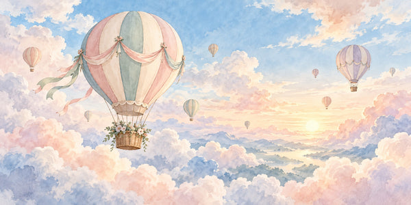 Watercolor Dreamy Clouds Hot Air Balloon Wall Mural, image 3
