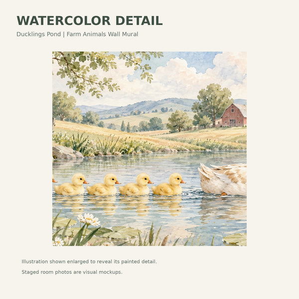 Watercolor Ducklings Pond Farm Wall Mural, image 4