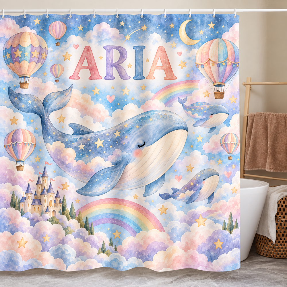 Personalized whales in the clouds kids shower curtain with the name Aria