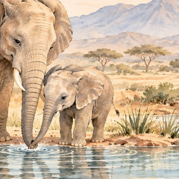 Elephant Family Safari shower curtain, close up of the watercolor artwork
