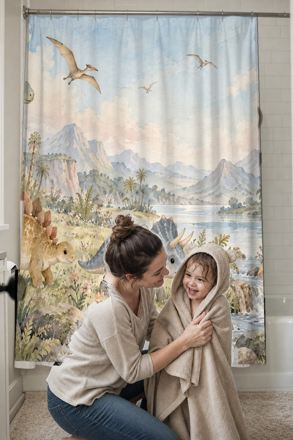 Prehistoric Meadow Dinosaur shower curtain, full front view of the 71 x 74 in fabric curtain