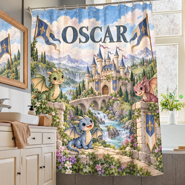 Dragon Castle personalized kids shower curtain over a bathtub