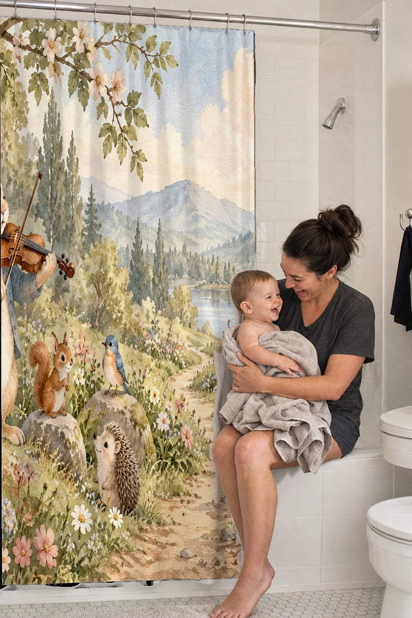 Mom holding her baby on the tub edge next to the Rabbit Violin shower curtain
