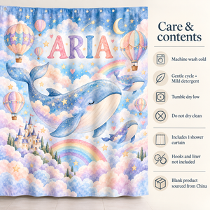 Care and contents of the Sky Whales personalized kids shower curtain