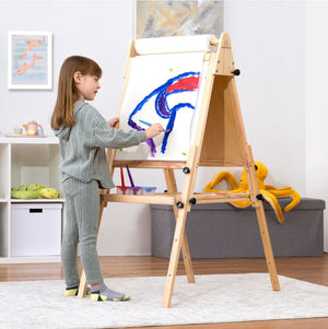Foldable kids easel with adjustable heights, perfect art station for indoor drawing and painting activities.