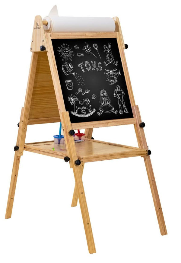 Foldable Kids Easel at angle 4, featuring 3 adjustable heights for indoor drawing and painting fun.