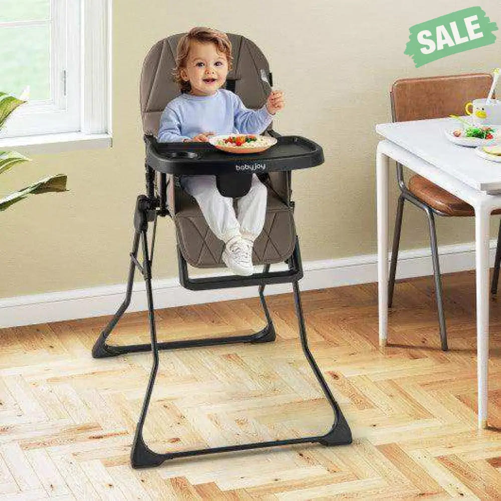 Easy Clean Compact Highchair with Removable Adjustable Tray and PU Seat Cushion-Brown Gray High Chairs