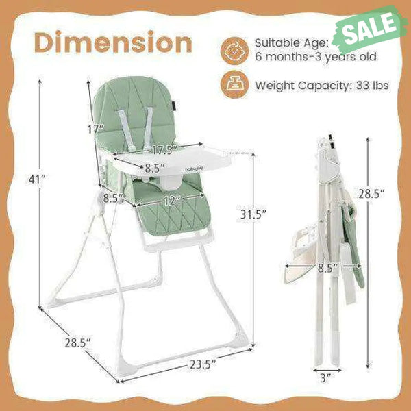 Easy Clean Compact Highchair with Removable Adjustable Tray and PU Seat Cushion-Green