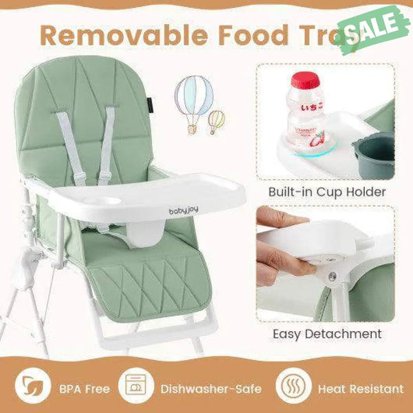 Easy Clean Compact Highchair with Removable Adjustable Tray and PU Seat Cushion-Green