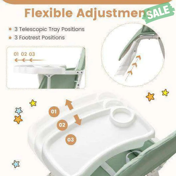 Easy Clean Compact Highchair with Removable Adjustable Tray and PU Seat Cushion-Green