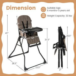Easy Clean Compact Highchair with Removable Adjustable Tray and PU Seat Cushion-Brown