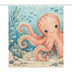 Friendly Octopus Ocean shower curtain, full front view of the 71 x 74 in fabric curtain