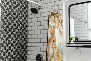 Apple Blossom Family Bunny shower curtain in a modern farmhouse bathroom with subway tile