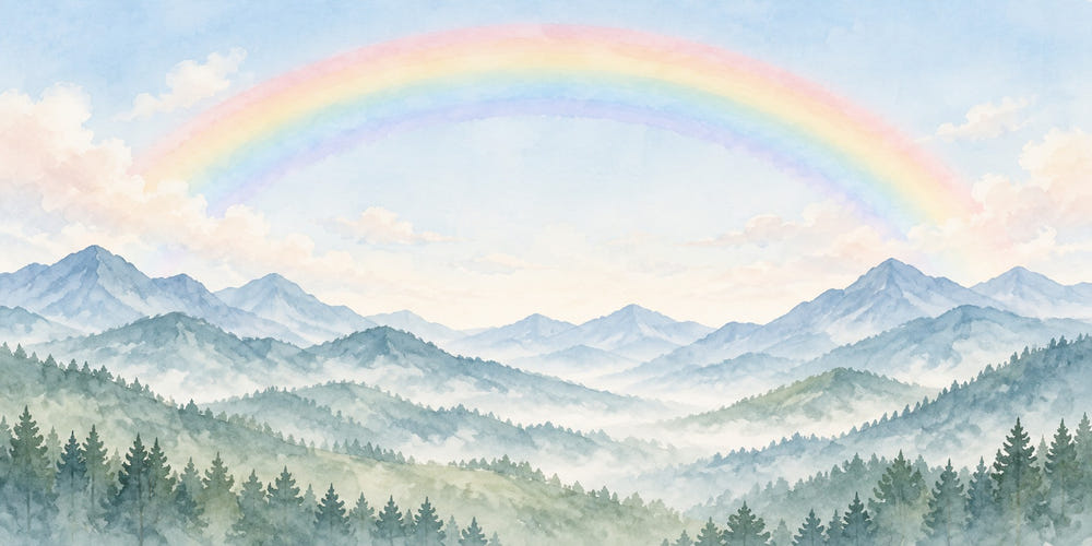 Watercolor Misty Mountain Rainbow Wall Mural, image 1