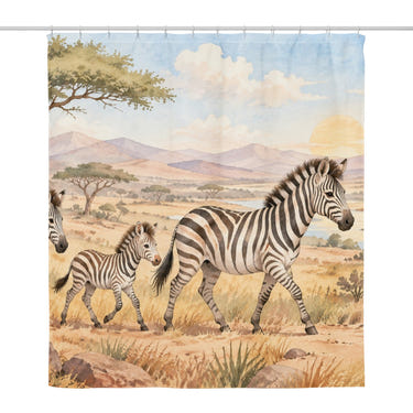 Zebra Family Safari shower curtain, full front view of the 71 x 74 in fabric curtain