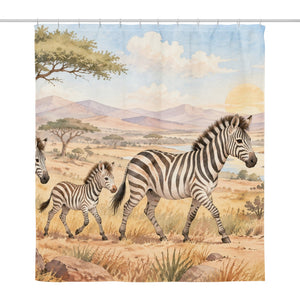 Zebra Family Safari shower curtain, full front view of the 71 x 74 in fabric curtain