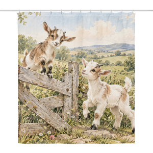 Baby Goats Farm shower curtain, full front view of the 71 x 74 in fabric curtain