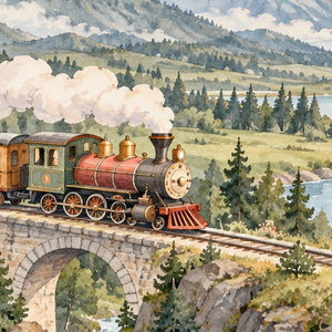 Panoramic Train Journey shower curtain, close up of the watercolor artwork