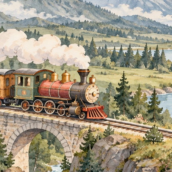 Panoramic Train Journey shower curtain, close up of the watercolor artwork