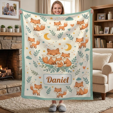 Custom Name Fox Blanket – Personalized Woodland Gift for Babies & Kids